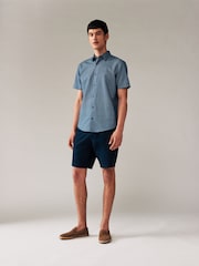 Navy Blue Geometric Printed Linen Blend Shirt - Image 2 of 8