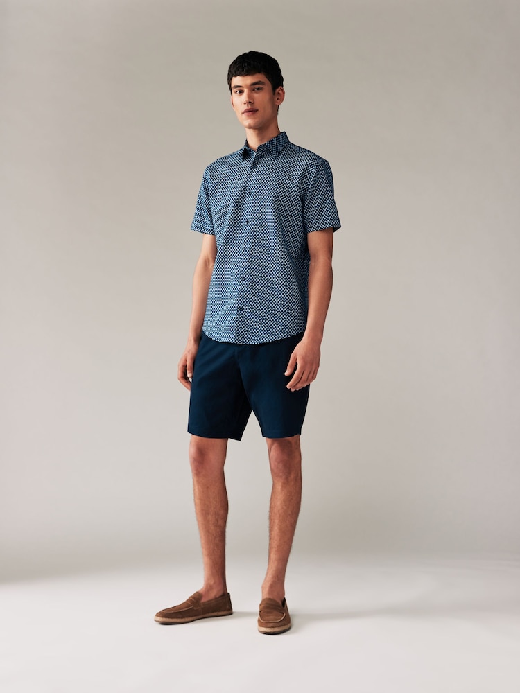 Navy Blue Geometric Printed Linen Blend Shirt - Image 2 of 8