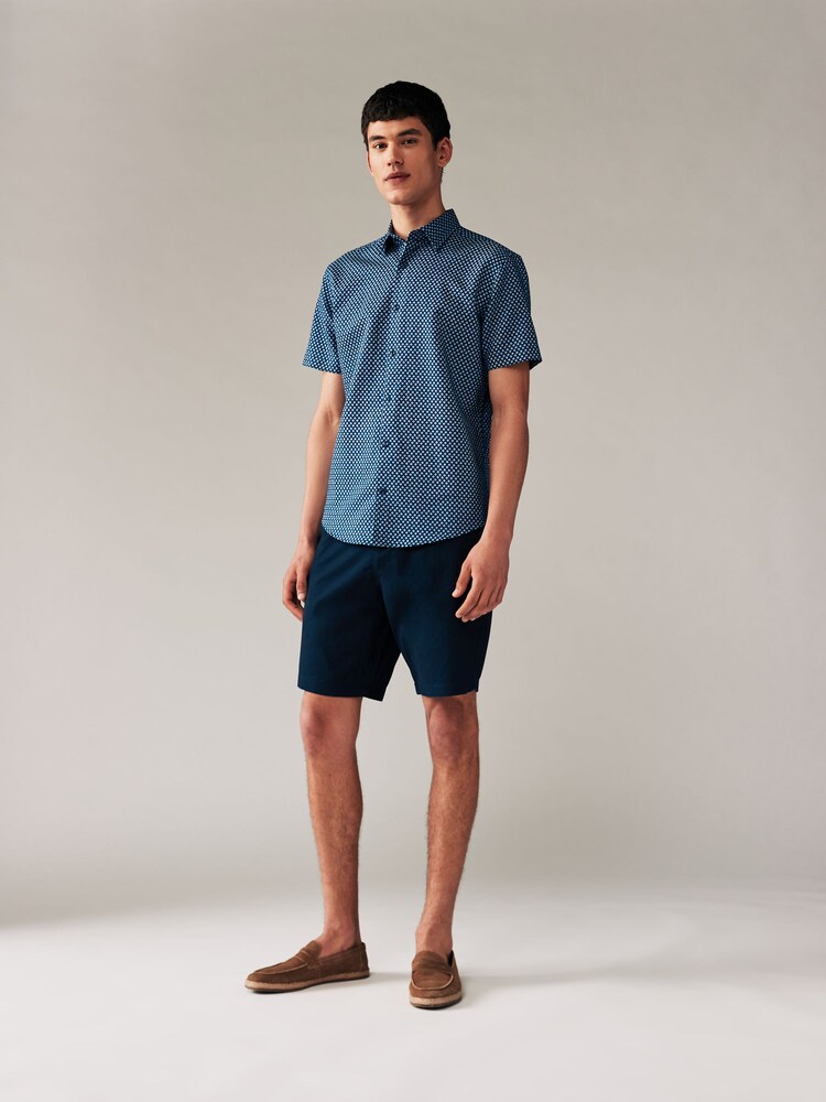 Navy Blue Geometric Printed Linen Blend Shirt - Image 2 of 8 Navy Blue Geometric Printed Linen Blend Shirt - Image 2 of 8