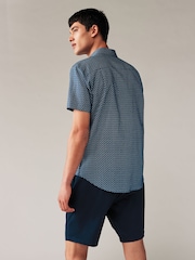 Navy Blue Geometric Printed Linen Blend Shirt - Image 3 of 8