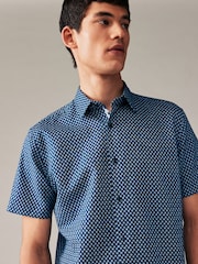Navy Blue Geometric Printed Linen Blend Shirt - Image 4 of 8