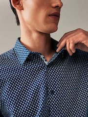 Navy Blue Geometric Printed Linen Blend Shirt - Image 5 of 8