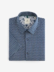 Navy Blue Geometric Printed Linen Blend Shirt - Image 6 of 8