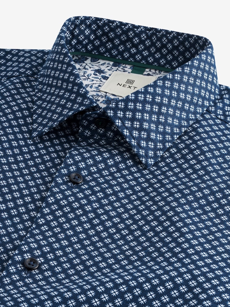 Navy Blue Geometric Printed Linen Blend Shirt - Image 8 of 8