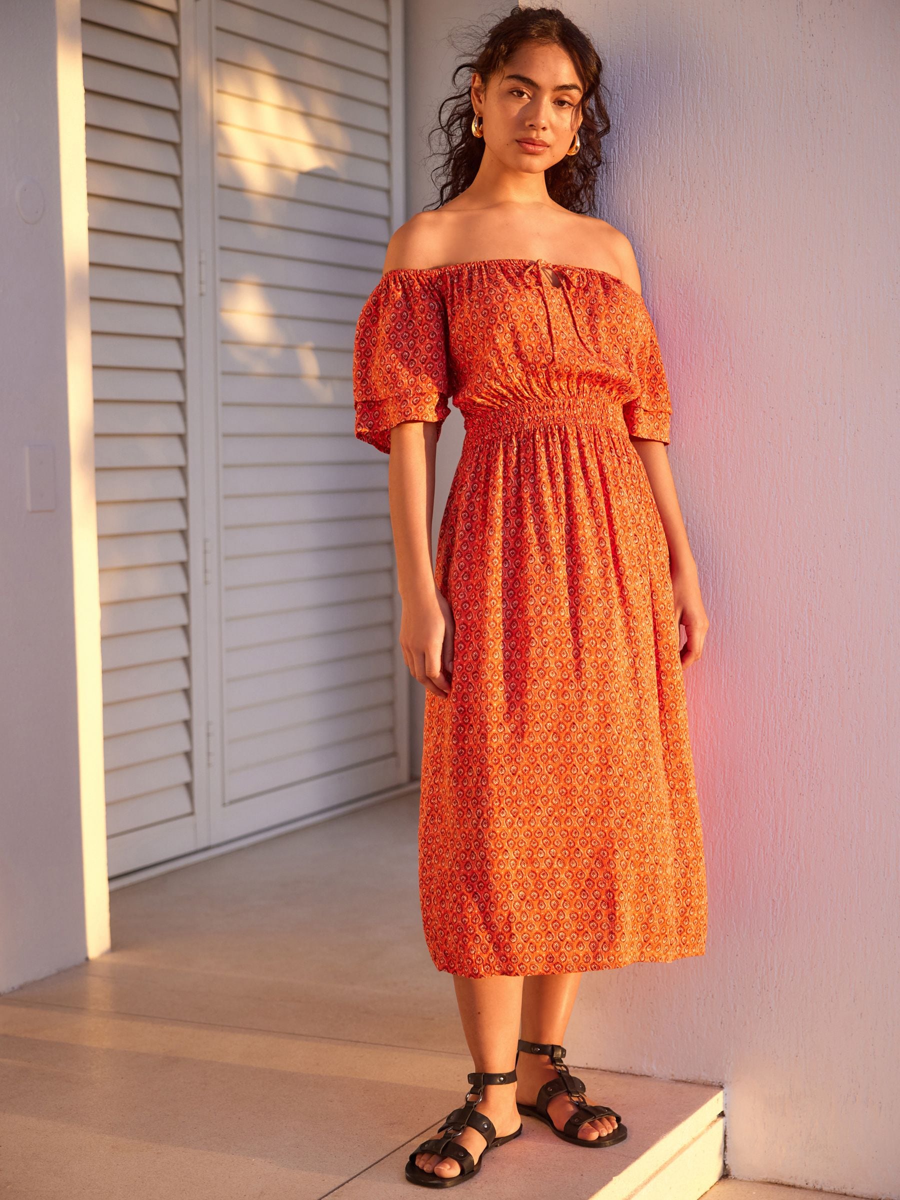 Orange off the shoulder dress best sale