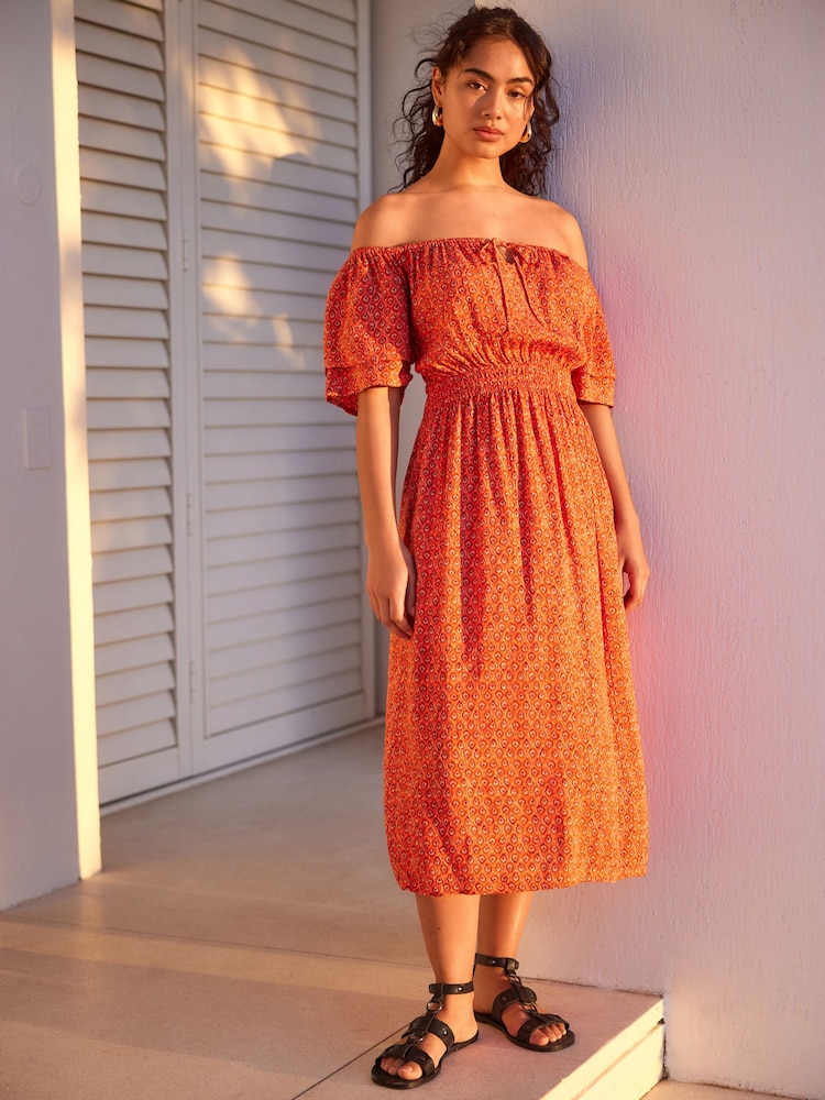 Coral Orange Off Shoulder Summer Dress - Image 1 of 6