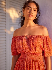 Coral Orange Off Shoulder Summer Dress - Image 3 of 6
