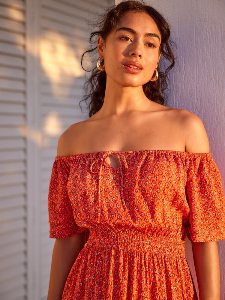 Coral Orange Off Shoulder Summer Dress - Image 3 of 6