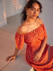 Coral Orange Off Shoulder Summer Dress - Image 4 of 6