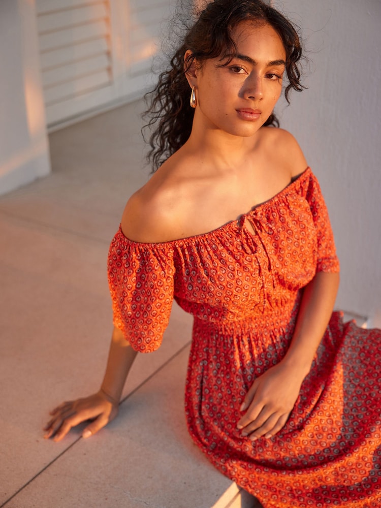 Coral Orange Off Shoulder Summer Dress - Image 4 of 6