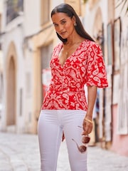 Sosandar Red Kimono Sleeve Shirred Bodice Top - Image 1 of 5
