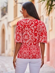 Sosandar Red Kimono Sleeve Shirred Bodice Top - Image 2 of 5