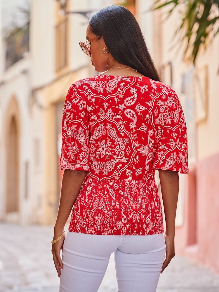 Sosandar Red Kimono Sleeve Shirred Bodice Top - Image 2 of 5