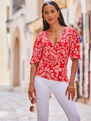 Sosandar Red Kimono Sleeve Shirred Bodice Top - Image 4 of 5