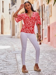 Sosandar Red Kimono Sleeve Shirred Bodice Top - Image 5 of 5