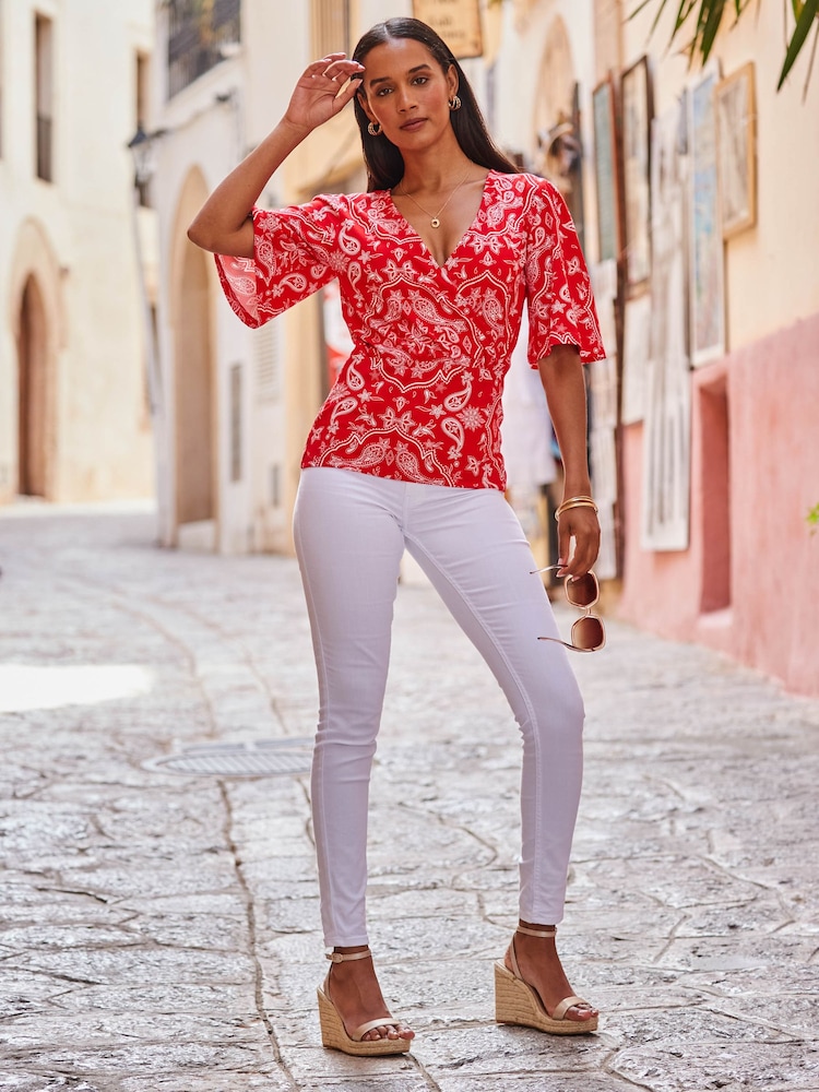Sosandar Red Kimono Sleeve Shirred Bodice Top - Image 5 of 5
