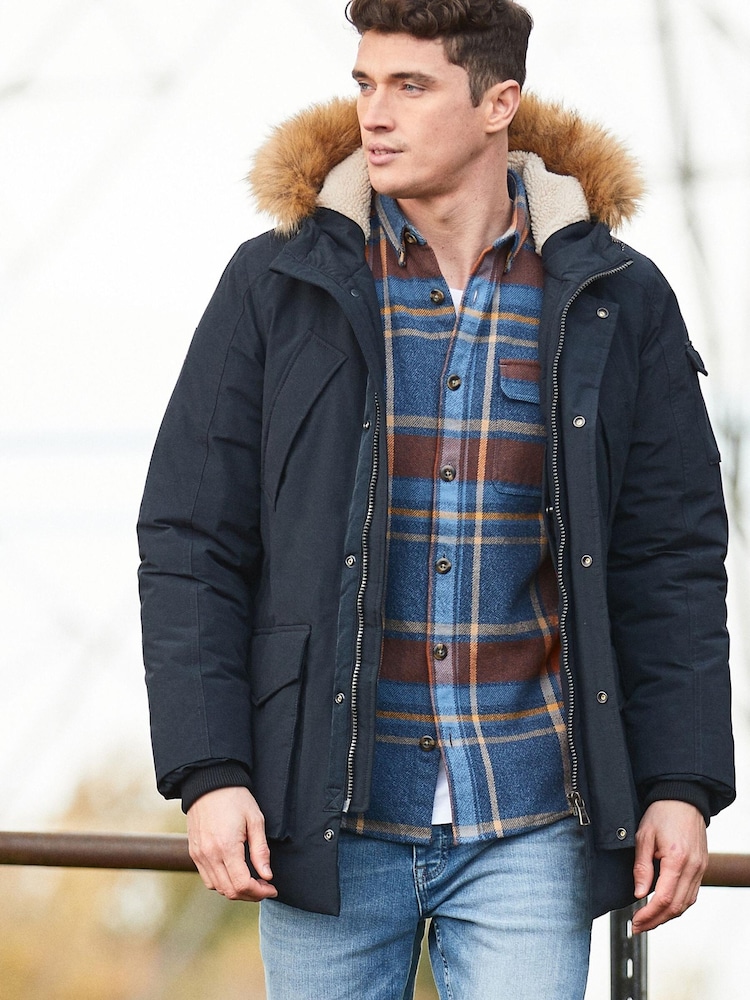 Navy Shower Resistant Parka With Removable Faux Fur Trim - Image 1 of 10