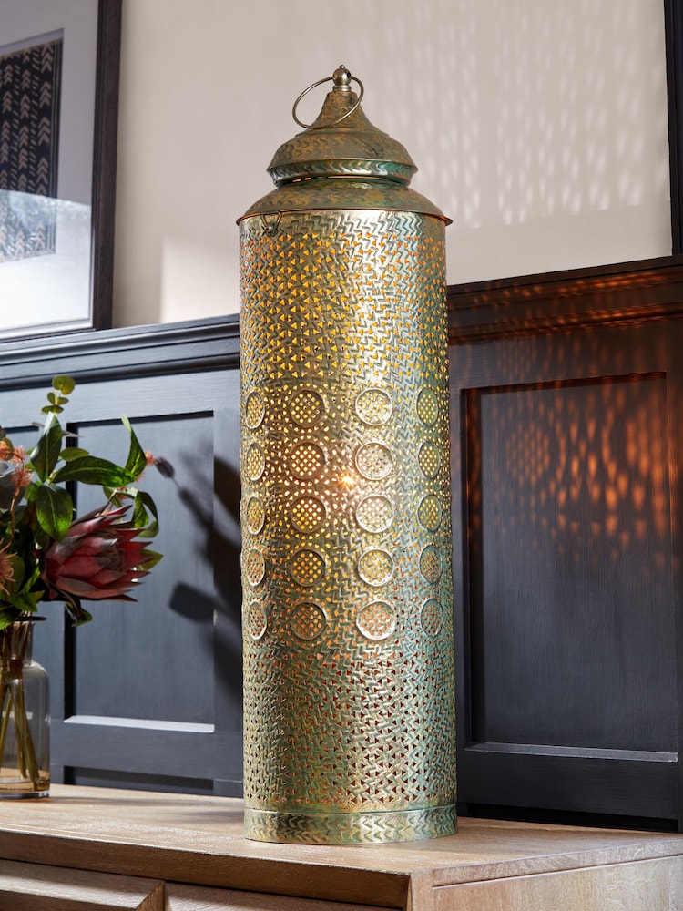 Gold Extra Large Patterned Cutout Metal Lantern - Image 1 of 5
