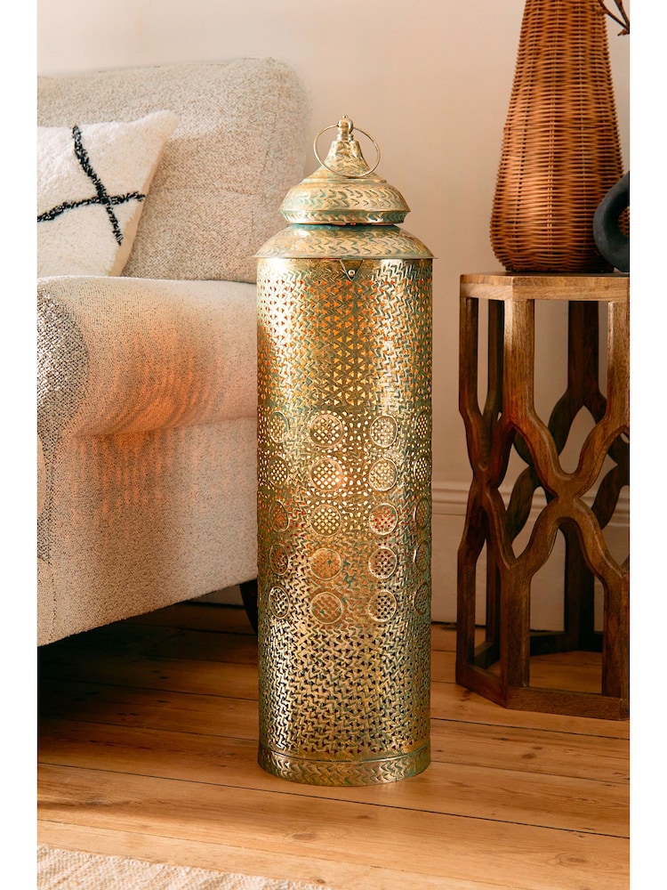 Gold Extra Large Patterned Cutout Metal Lantern - Image 2 of 5