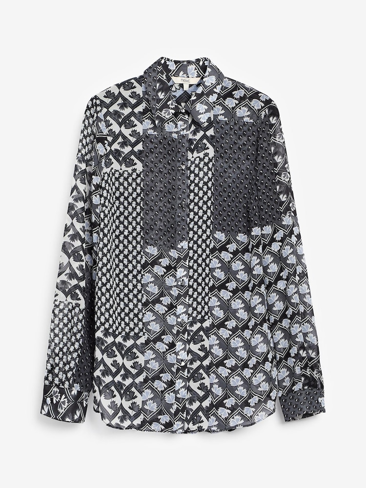 Black/White Patch Long Sleeve Print Sheer Shirt - Image 1 of 1