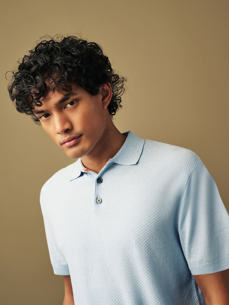 Blue Knitted Bubble Textured Regular Fit Polo Shirt - Image 1 of 6
