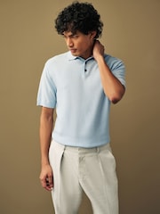 Blue Knitted Bubble Textured Regular Fit Polo Shirt - Image 2 of 6
