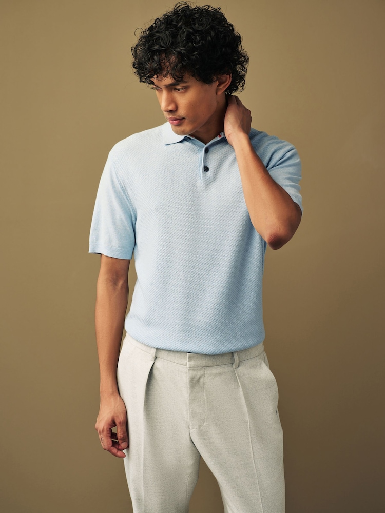 Blue Knitted Bubble Textured Regular Fit Polo Shirt - Image 2 of 6