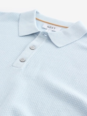 Blue Knitted Bubble Textured Regular Fit Polo Shirt - Image 6 of 6