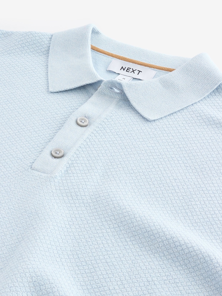 Blue Knitted Bubble Textured Regular Fit Polo Shirt - Image 6 of 6