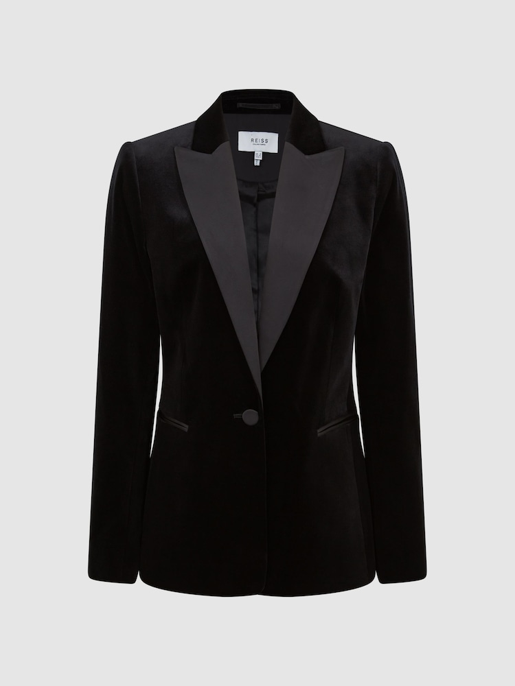 Reiss Black Opal Petite Fitted Velvet Single Breasted Suit Blazer - Image 2 of 7