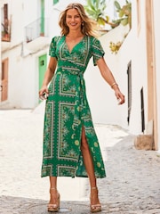 Sosandar Green Ruffle Sleeve Midaxi Wrap Dress - Image 1 of 5