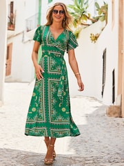 Sosandar Green Ruffle Sleeve Midaxi Wrap Dress - Image 3 of 5