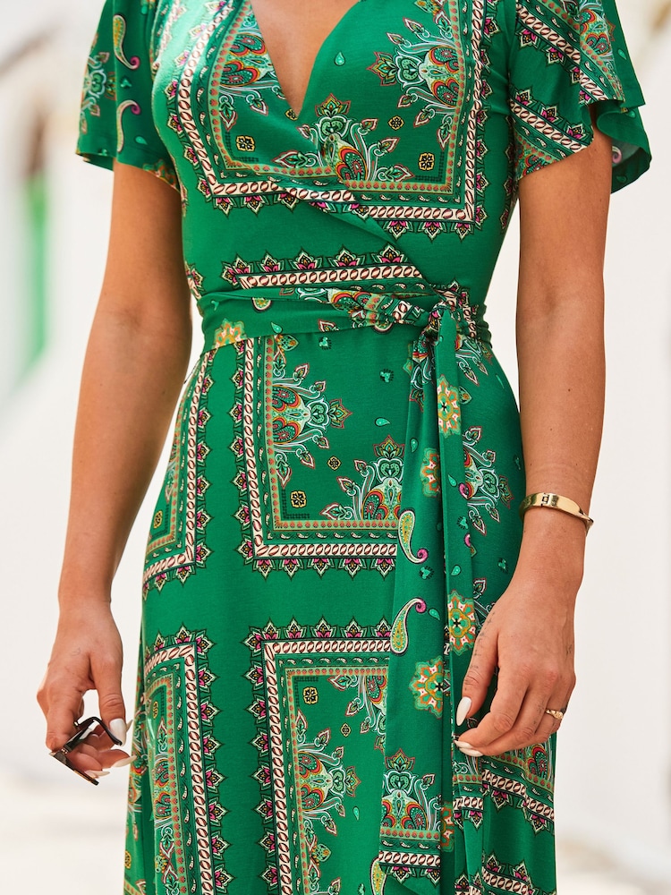 Sosandar Green Ruffle Sleeve Midaxi Wrap Dress - Image 5 of 5