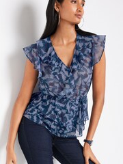 Blue/Black Abstract Print Short Sleeve Ruffle Tie Waist Blouse - Image 1 of 6