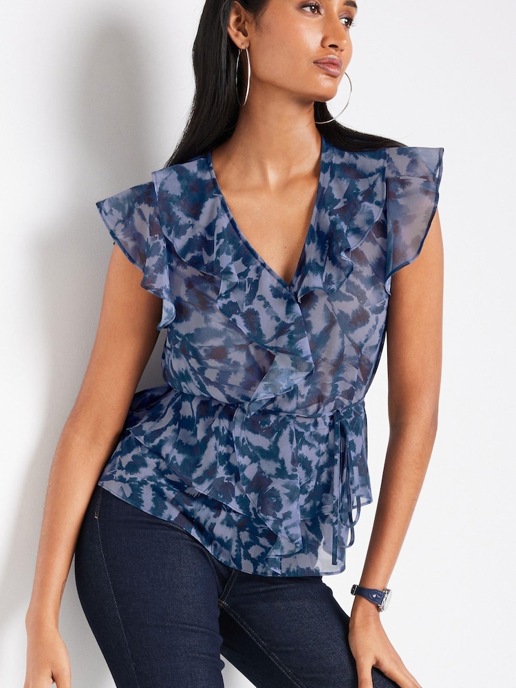 Blue/Black Abstract Print Short Sleeve Ruffle Tie Waist Blouse - Image 1 of 6