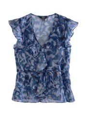 Blue/Black Abstract Print Short Sleeve Ruffle Tie Waist Blouse - Image 5 of 6