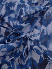 Blue/Black Abstract Print Short Sleeve Ruffle Tie Waist Blouse - Image 6 of 6
