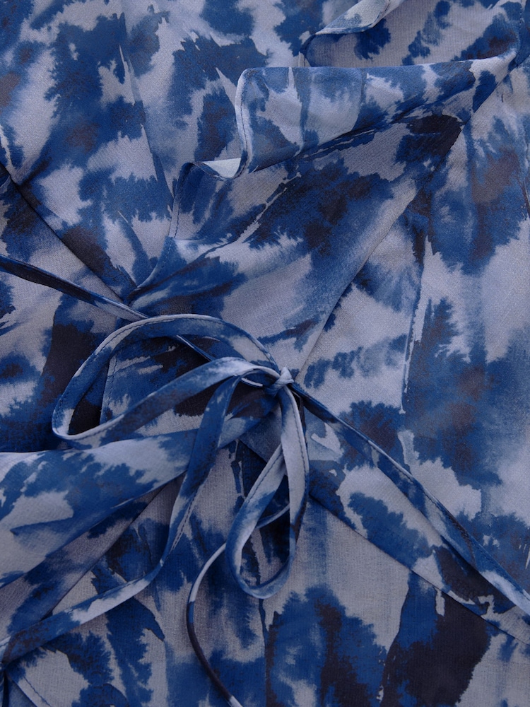 Blue/Black Abstract Print Short Sleeve Ruffle Tie Waist Blouse - Image 6 of 6