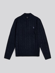 U.S. Polo Assn.绞花针织四分之一拉链漏斗半高领套头毛衣 - 7的图像5｝