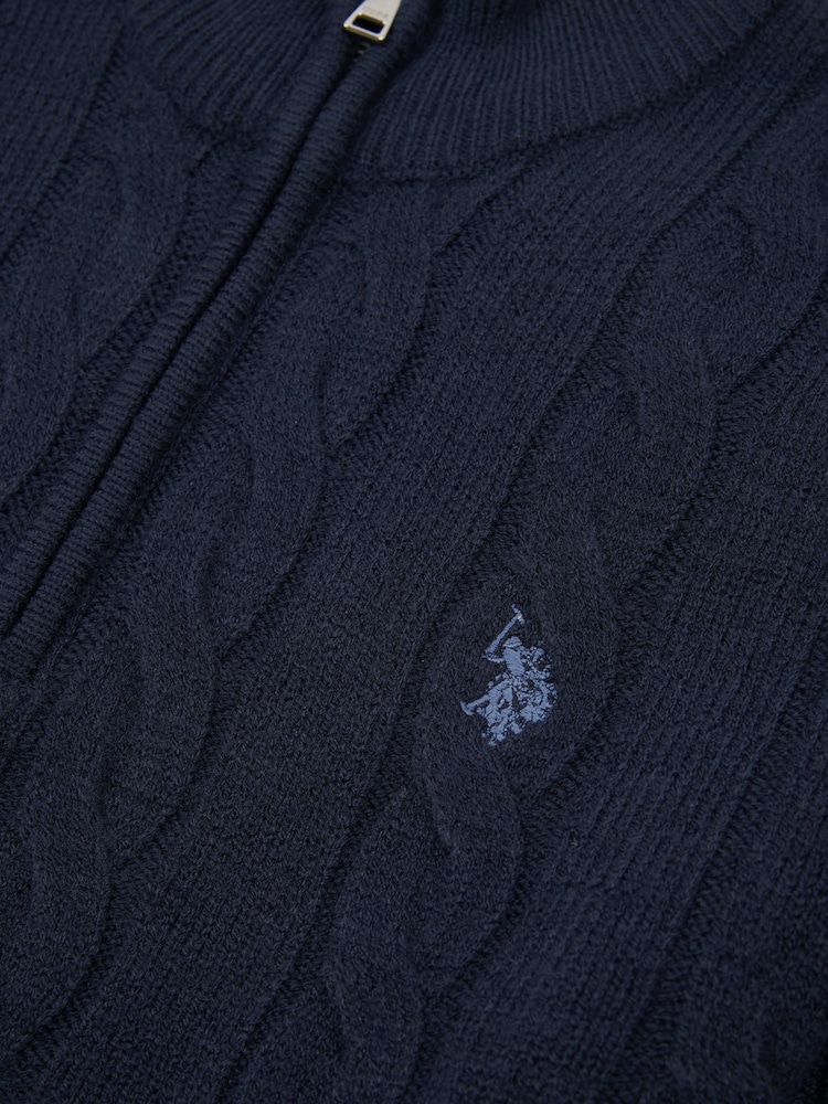 U.S. Polo Assn.绞花针织四分之一拉链漏斗半高领套头毛衣 - 7的图像7｝