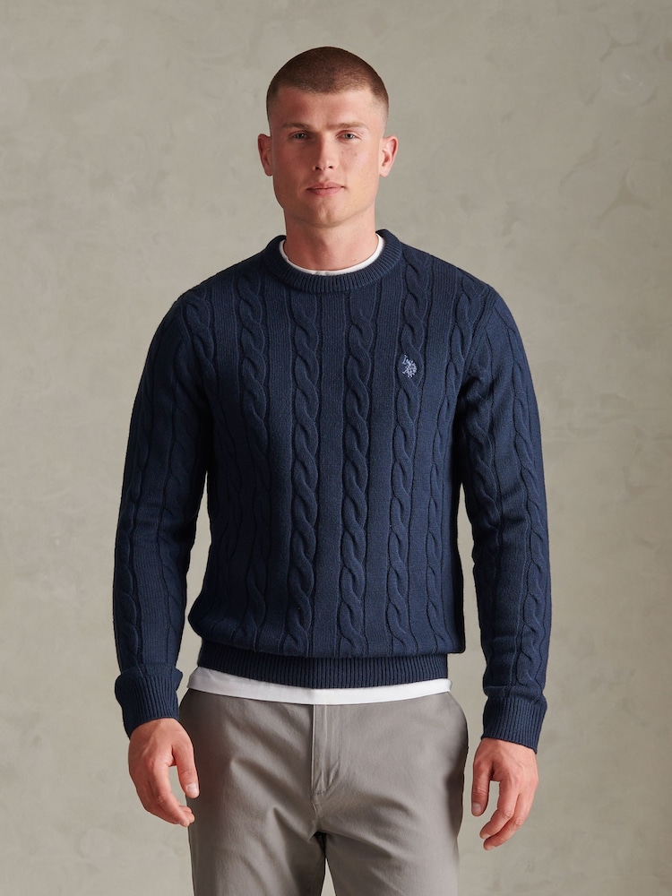 U.S. Polo Assn. Blue Cable Knit Crew Neck Jumper - Image 1 of 6 U.S. Polo Assn. Blue Cable Knit Crew Neck Jumper - Image 1 of 6