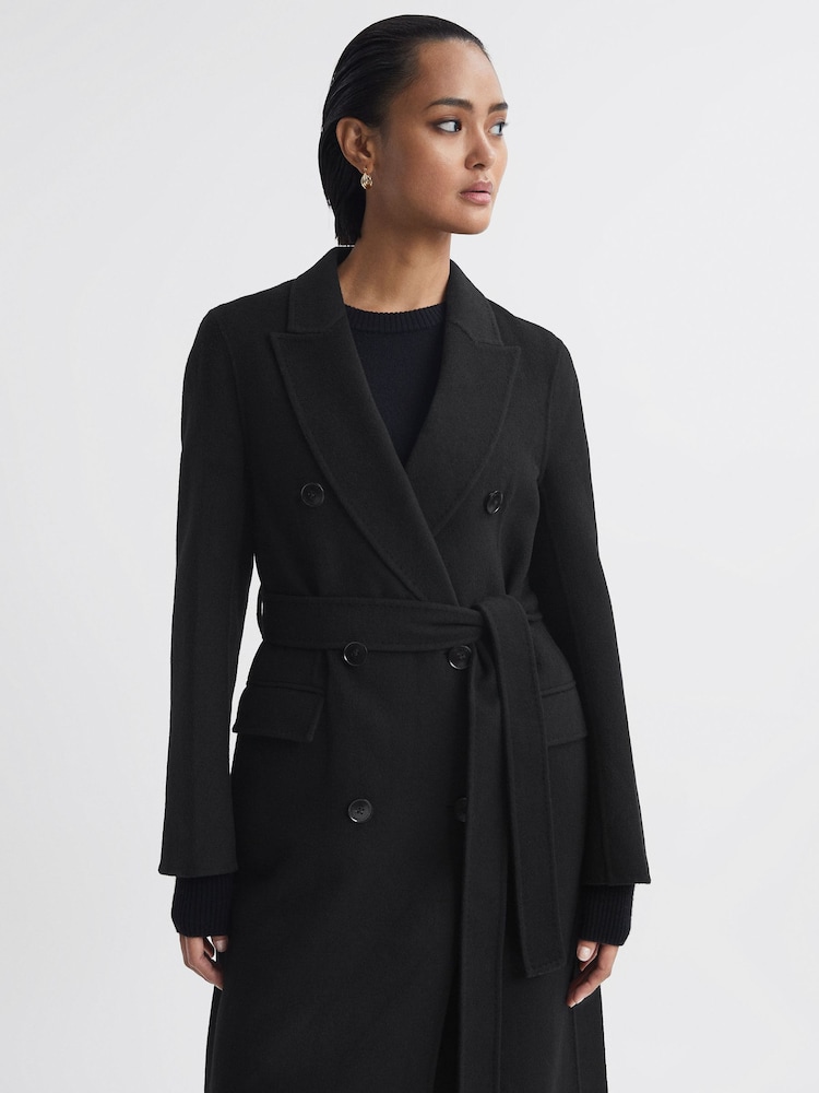 Reiss Black Arla Petite Relaxed Wool Blend Blindseam Belted Coat - Image 1 of 6