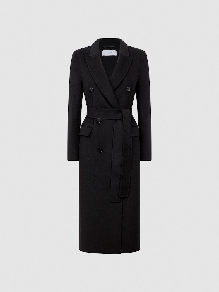 Reiss Black Arla Petite Relaxed Wool Blend Blindseam Belted Coat - Image 2 of 6