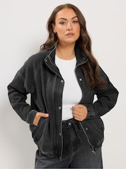 Yours Curve Black Denim Funnel Neck Bomber Jacket - Image 1 of 5