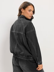 Yours Curve Black Denim Funnel Neck Bomber Jacket - Image 3 of 5