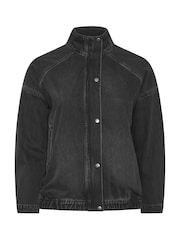 Yours Curve Black Denim Funnel Neck Bomber Jacket - Image 4 of 5