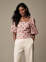 Laura Ashley Pink Swerford Floral Puff Sleeve Shirred Bardot Top - Image 1 of 4