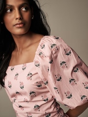 Laura Ashley Pink Swerford Floral Puff Sleeve Shirred Bardot Top - Image 2 of 4