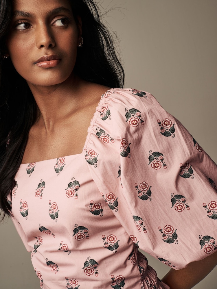 Laura Ashley Pink Swerford Floral Puff Sleeve Shirred Bardot Top - Image 2 of 4