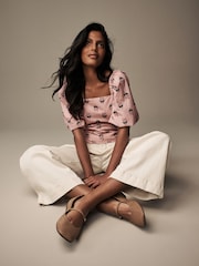 Laura Ashley Pink Swerford Floral Puff Sleeve Shirred Bardot Top - Image 3 of 4